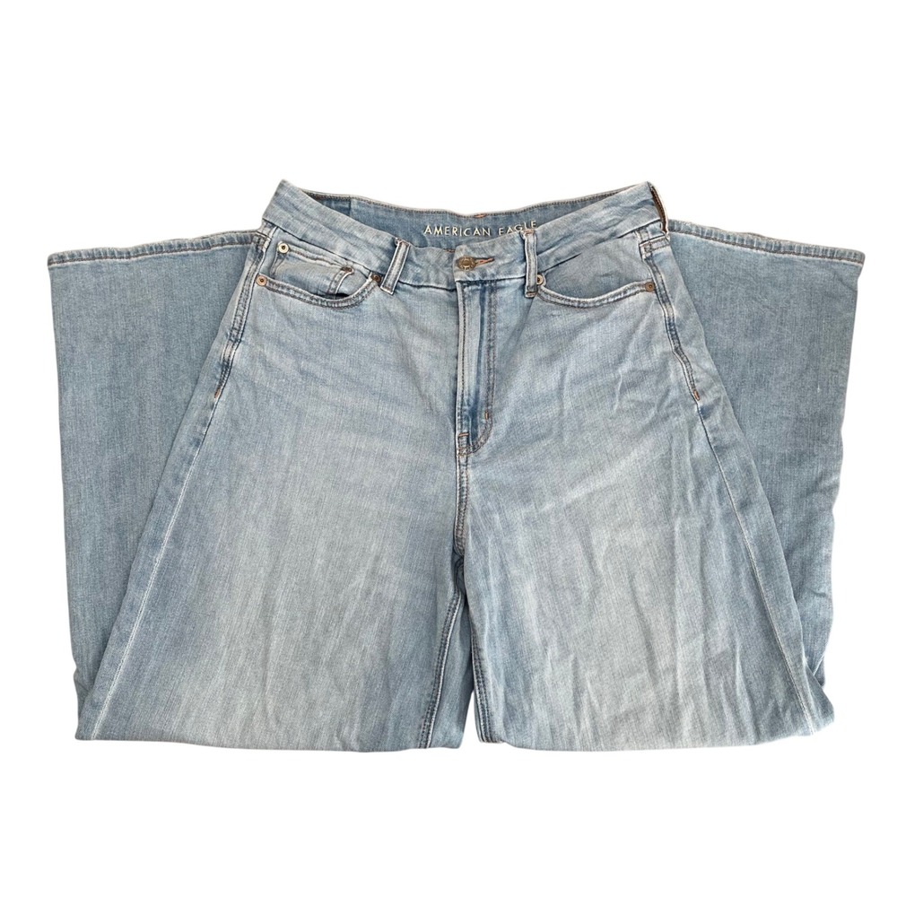 American Eagle Curvy Super High Rise Jeans Womens 8 Short Blue Baggy Wide Leg